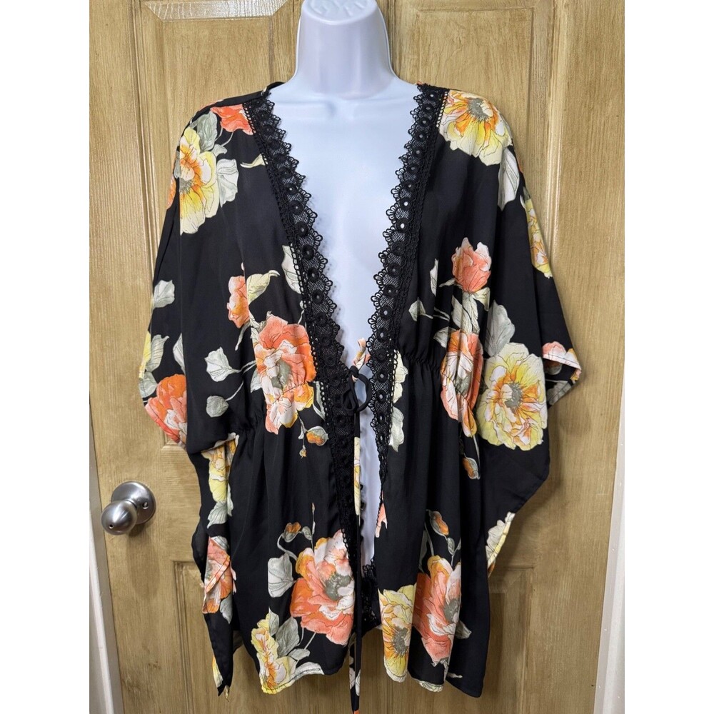 Haute Project Womens 2XL Black Orange Floral  Lace Trim Tie Waist Kimono Coverup